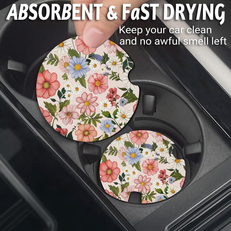 Yonlevres Car Coasters for Cup Holders，2.75" Universal Size Anti Slip Rubber Mat with A Finger Notch, 2 Pack Cup Holder Coasters for Car Interior Accessories for Women Men Flower - Image 2